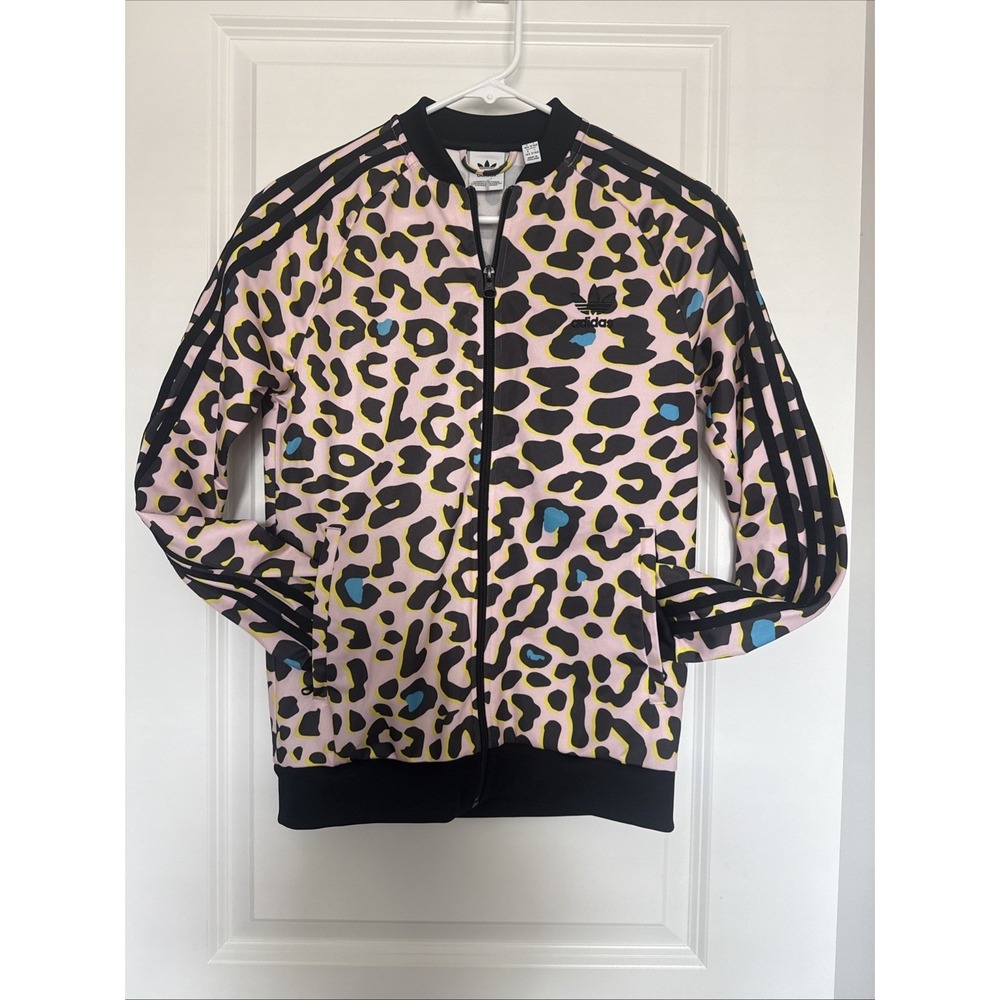 Adidas Kids‎ Track Jacket Pink Leopard Print Full Zip Long Sleeve Size Large